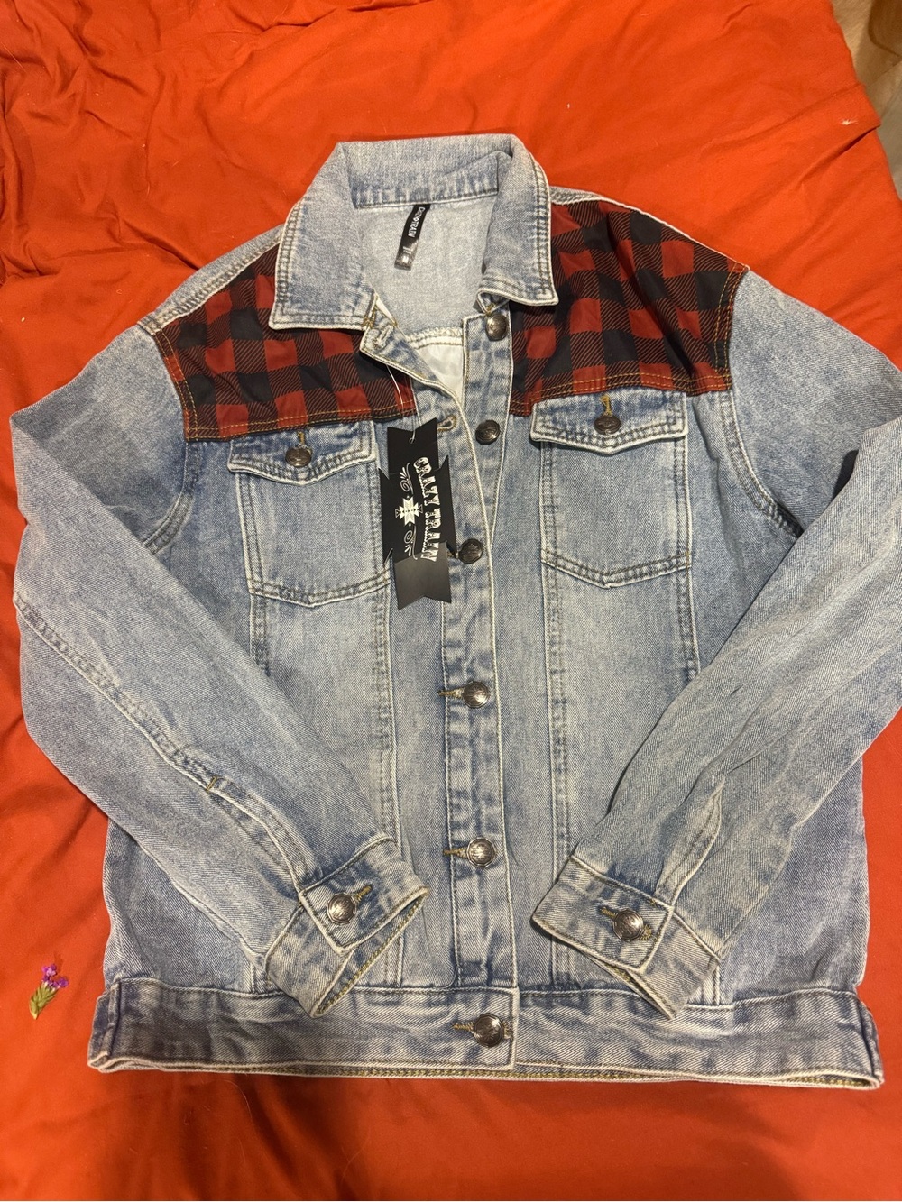 Crazy Train Light Wash Denim Jacket with Red & Black Plaid Yoke